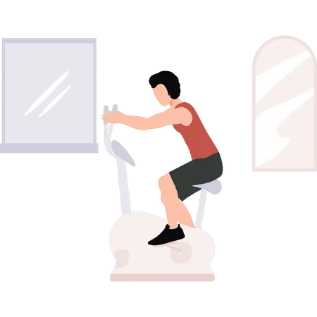 Boy exercising on cycling machine  Illustration