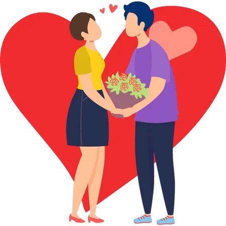 Boy giving bouquet to girl on Valentine's Day  Illustration