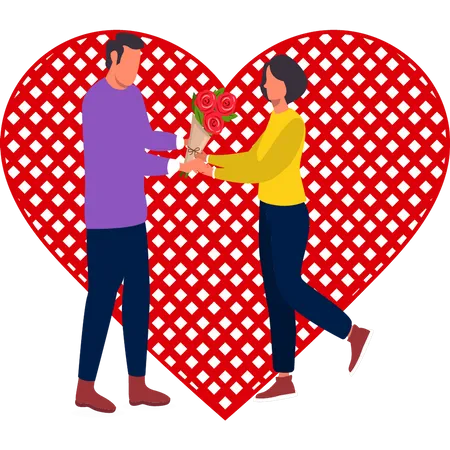 Boy giving flowers to girl on Valentine's Day  Illustration