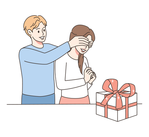 Boy giving surprise gift  Illustration