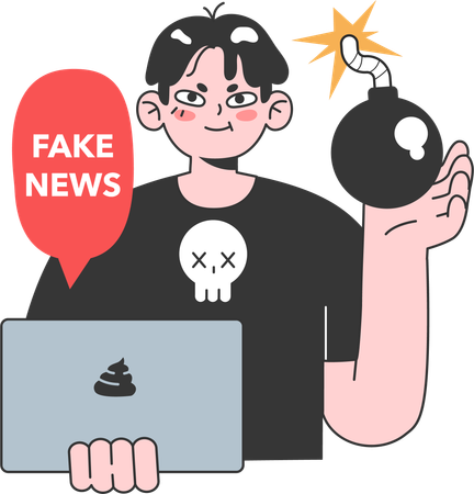 Boy holding laptop while getting fake news  Illustration