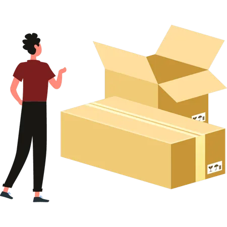 Boy is pointing at the cardboard package  Illustration