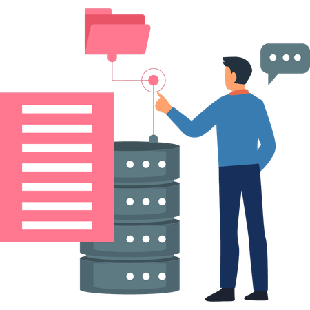 Boy is pointing to network folder containing database server  Illustration