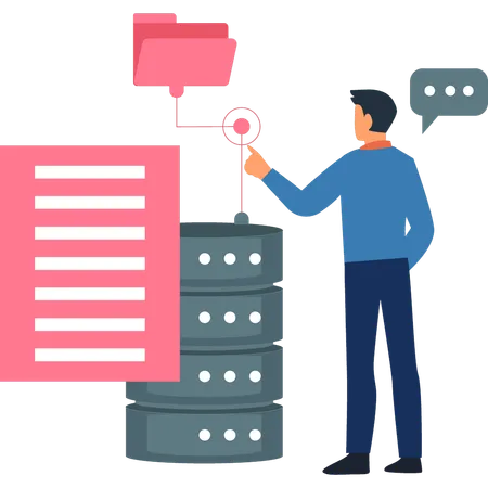 Boy is pointing to network folder containing database server  Illustration