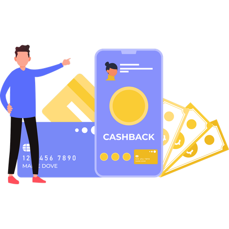 Boy is pointing to online cashback transaction  Illustration