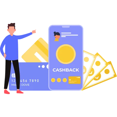 Boy is pointing to online cashback transaction  Illustration