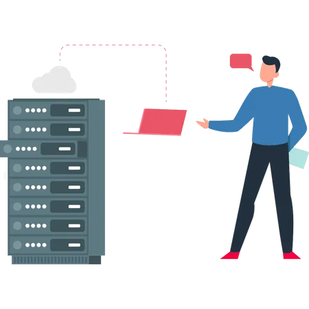 Boy is showing laptop connected to cloud database  Illustration