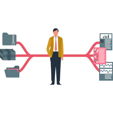 Boy is standing in the middle of a database connection  Illustration