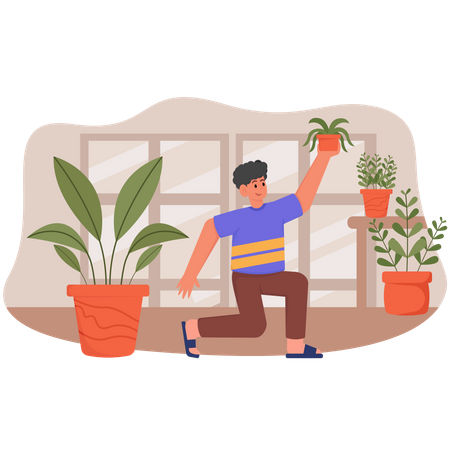 Boy lifting plant pot  Illustration