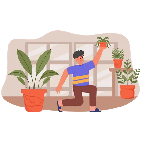 Boy lifting plant pot  Illustration