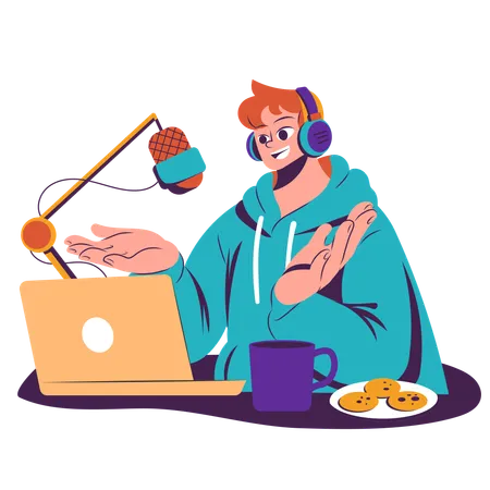 Boy making podcast on weekend  Illustration