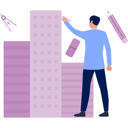 Boy measuring building with measurement tool  Illustration