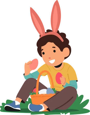 Boy Picks Brightly Colored Easter Eggs  イラスト