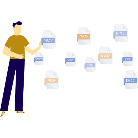 Boy pointing out multiple files  Illustration