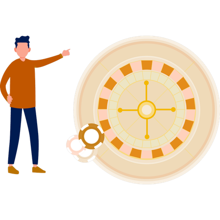 Boy pointing to roulette wheel  Illustration