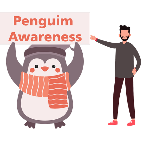 Boy pointing towards penguin awareness board  イラスト