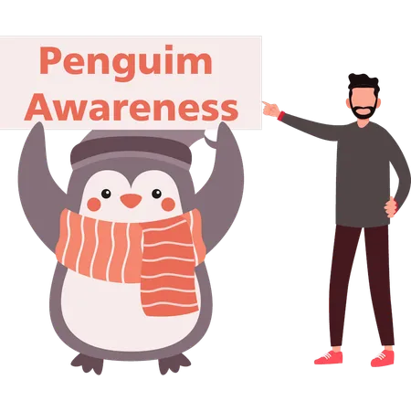 Boy pointing towards penguin awareness board  イラスト