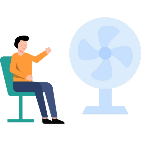 Boy sitting in front of cooling fan  Illustration