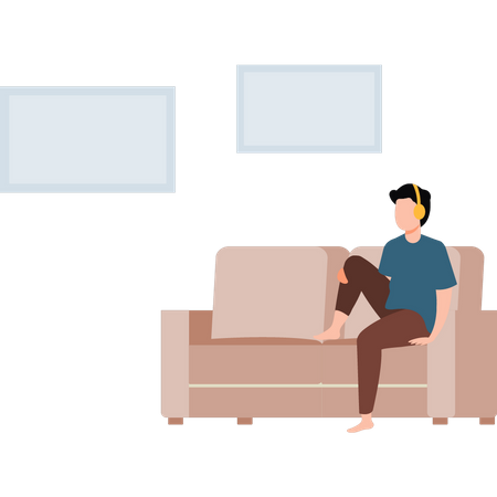 Boy sitting on couch wearing headphones  Illustration