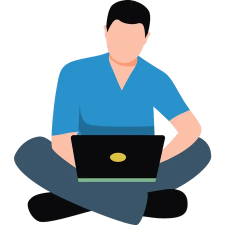 Boy sitting on floor working on laptop  Illustration