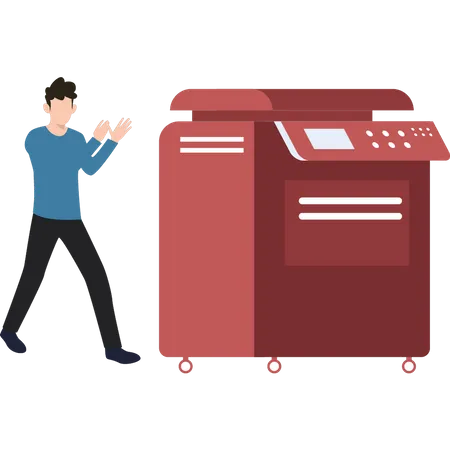 Boy Standing By Printing Machine  Illustration