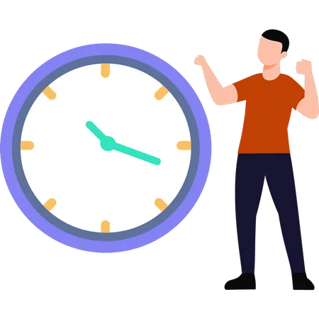 Boy standing by time clock  Illustration