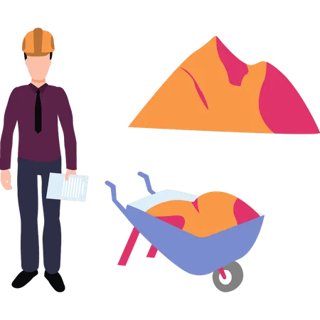 Boy stands by a wheelbarrow  Illustration