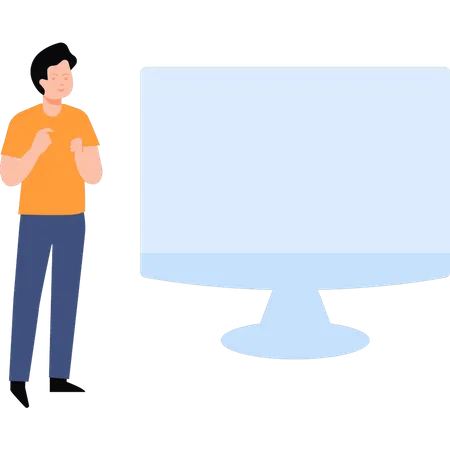 Boy stands by monitor  Illustration