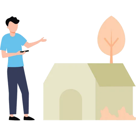 Boy stands outside farmhouse  Illustration