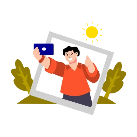 Boy takes a selfie during holidays  イラスト