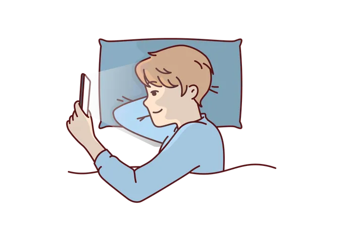 Boy uses phone while sleeping at night  Illustration