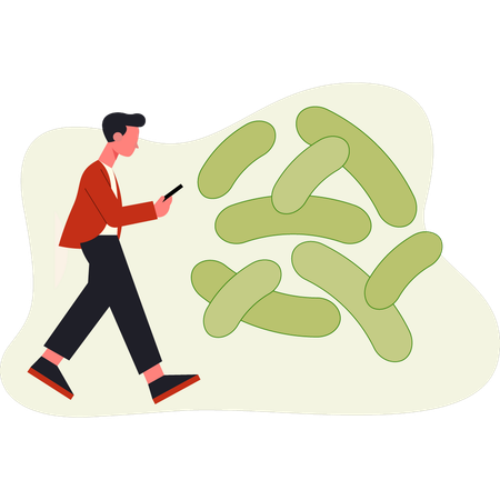 Boy using mobile walking near germs  Illustration