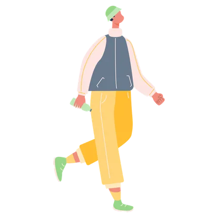 Boy walking with water bottle  Illustration