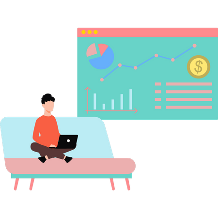 Boy working on laptop on dollar graph  Illustration