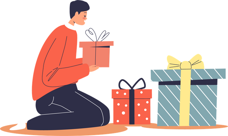 Boy wrapping christmas presents in gift boxes  イラスト