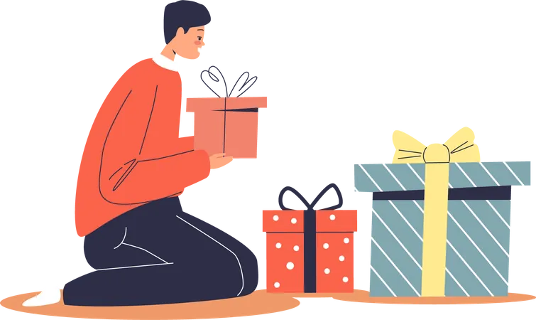 Boy wrapping christmas presents in gift boxes  イラスト