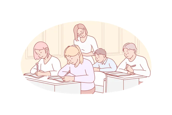 Boys and girls taking educational exam while woman tutor checking their work  Illustration