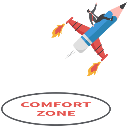 Brave businessman rides pencil rocket out of his comfort zone for new success  イラスト