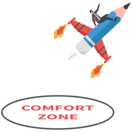 Brave businessman rides pencil rocket out of his comfort zone for new success  Illustration