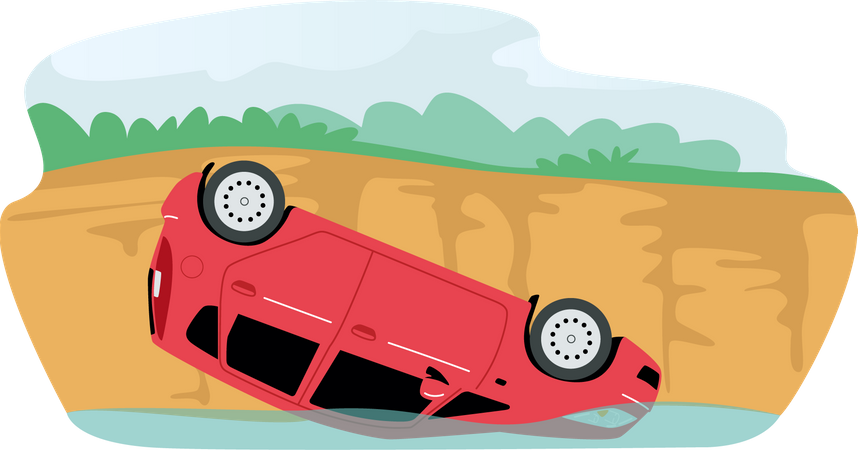 Broken car fall from cliff into water  Illustration