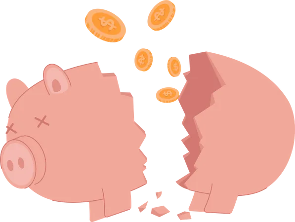 Broken piggy bank due to bankruptcy  Illustration