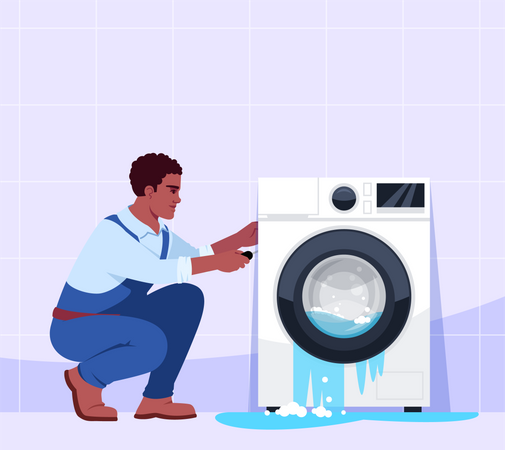 Broken washing machine and professional repairman  Illustration