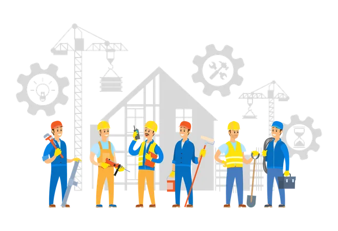 Builder and worker standing with instruments  Illustration