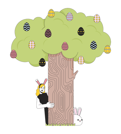 Bunny ears woman peeking around tree  Illustration