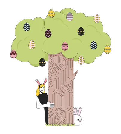 Bunny ears woman peeking around tree  Illustration