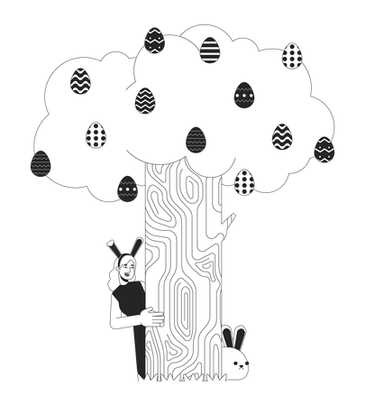 Bunny ears woman peeking around tree  Illustration