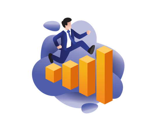 Business analyst bar chart jumping man  Illustration