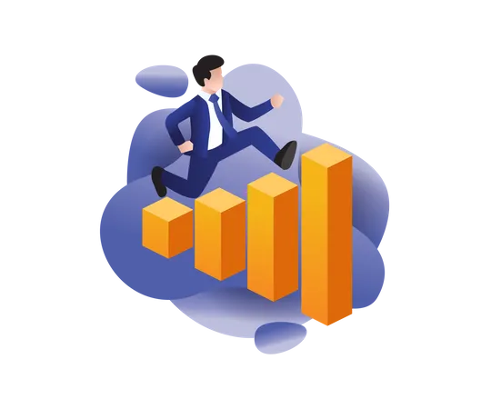 Business analyst bar chart jumping man  Illustration