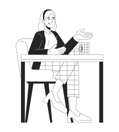 Business casual blonde woman sitting at desk with coffee cup  Illustration