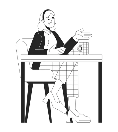 Business casual blonde woman sitting at desk with coffee cup  Illustration